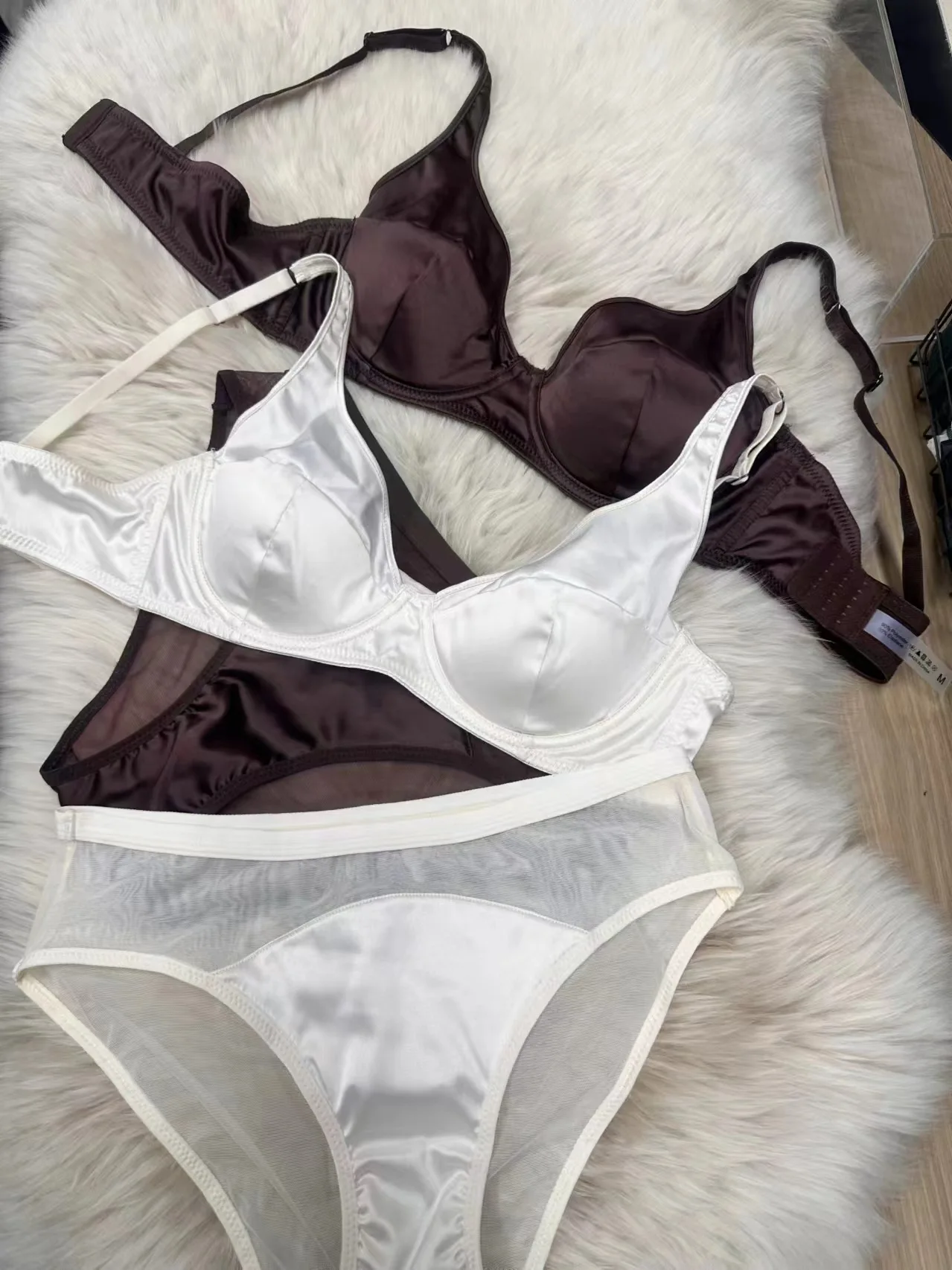 Satin gathered bra set underwear thin comfortable non-marking large breasts show small push up lingerie briefs suit