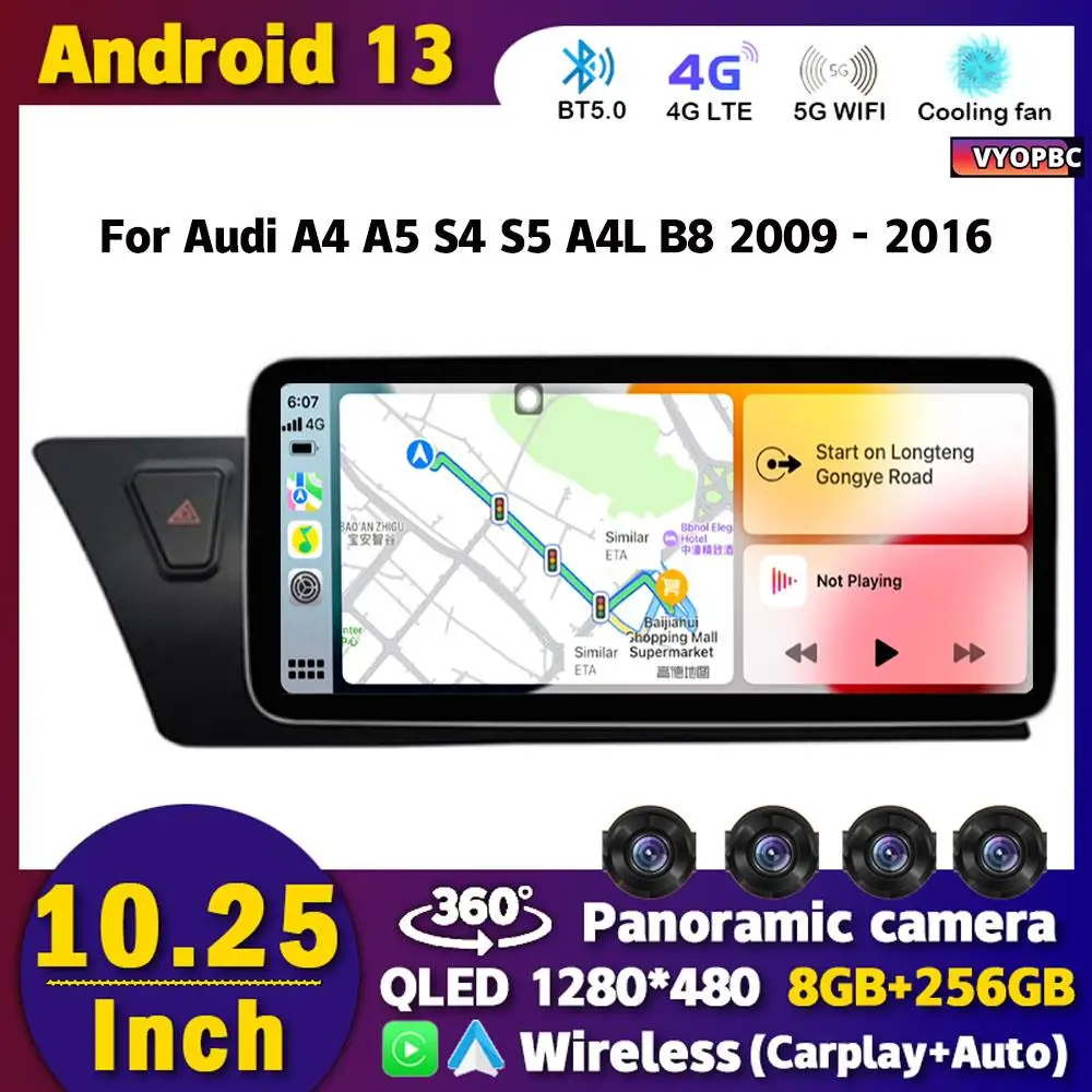 

8Core Android 13 Carplay Car Radio 10.25" For Audi A4 A5 S4 S5 A4L B8 2009 - 2016 Multimedia Player GPS WIFI 4G SIM Touch Screen