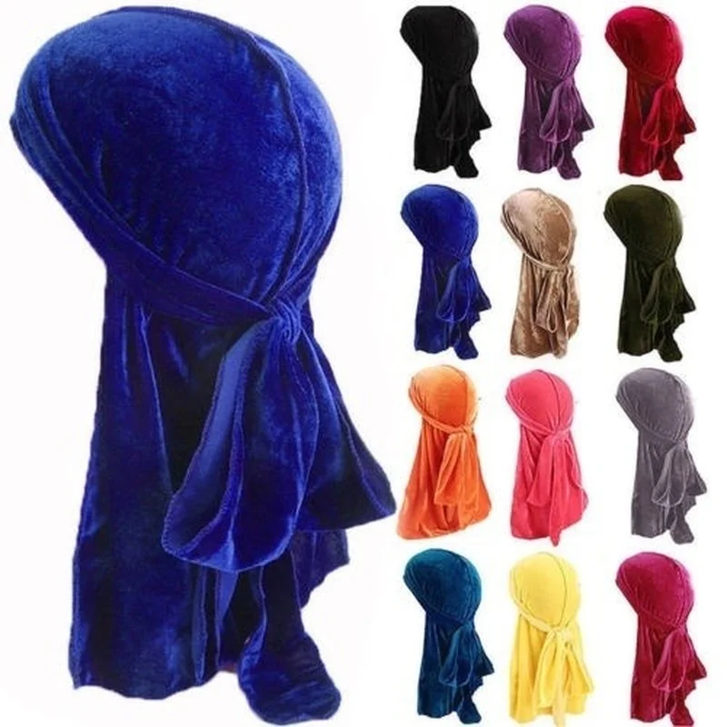 Unisex Velvet Durag Beanie Hair Loss Long Tail Muslim Turban Hijab Cap Chemo Hats 12 Colors new women beaded floral accessories turban cap muslim pullover hat multicolor velvet pleated beanie solid cancer chemo cap