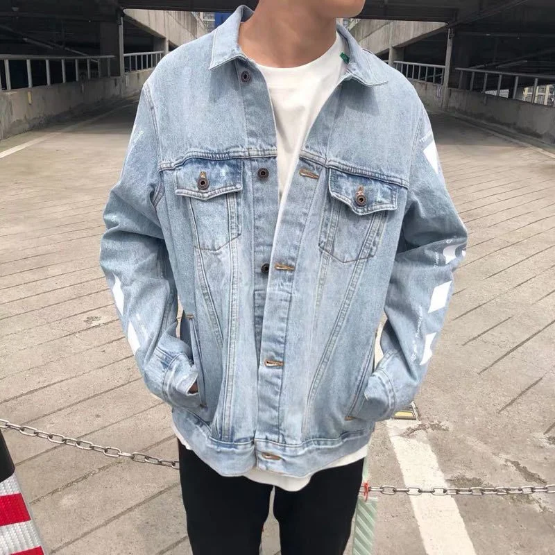 

2021 New Men and Women Age Season Leisure Classic Basic Arm Slogan Washed Do Old Broken Bone Printing Jean Jacket Off