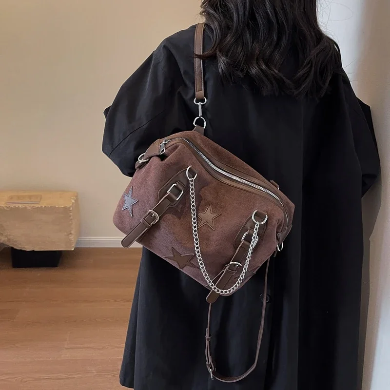 Autumn Winter Vintage Backpack Bag for Women Stars Pattern Design Frosted Leather Dual Straps Commuter Shoulder Crossbody Bag