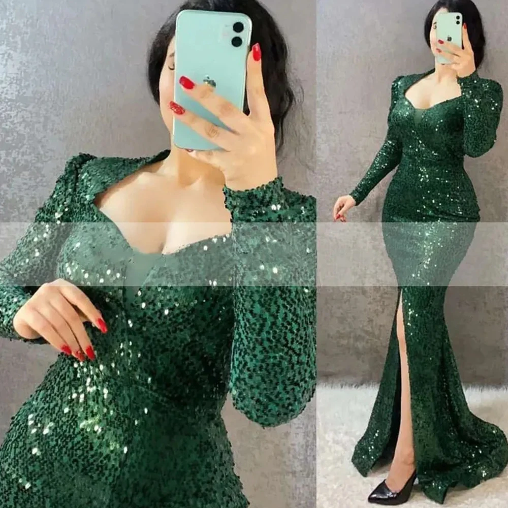

Sexy Long Sleeves Sequins Mermaid Evening Dresses 2023 With Slit Wedding Prom Gowns For Party Night Vestidos De Noch Fiesta Robe