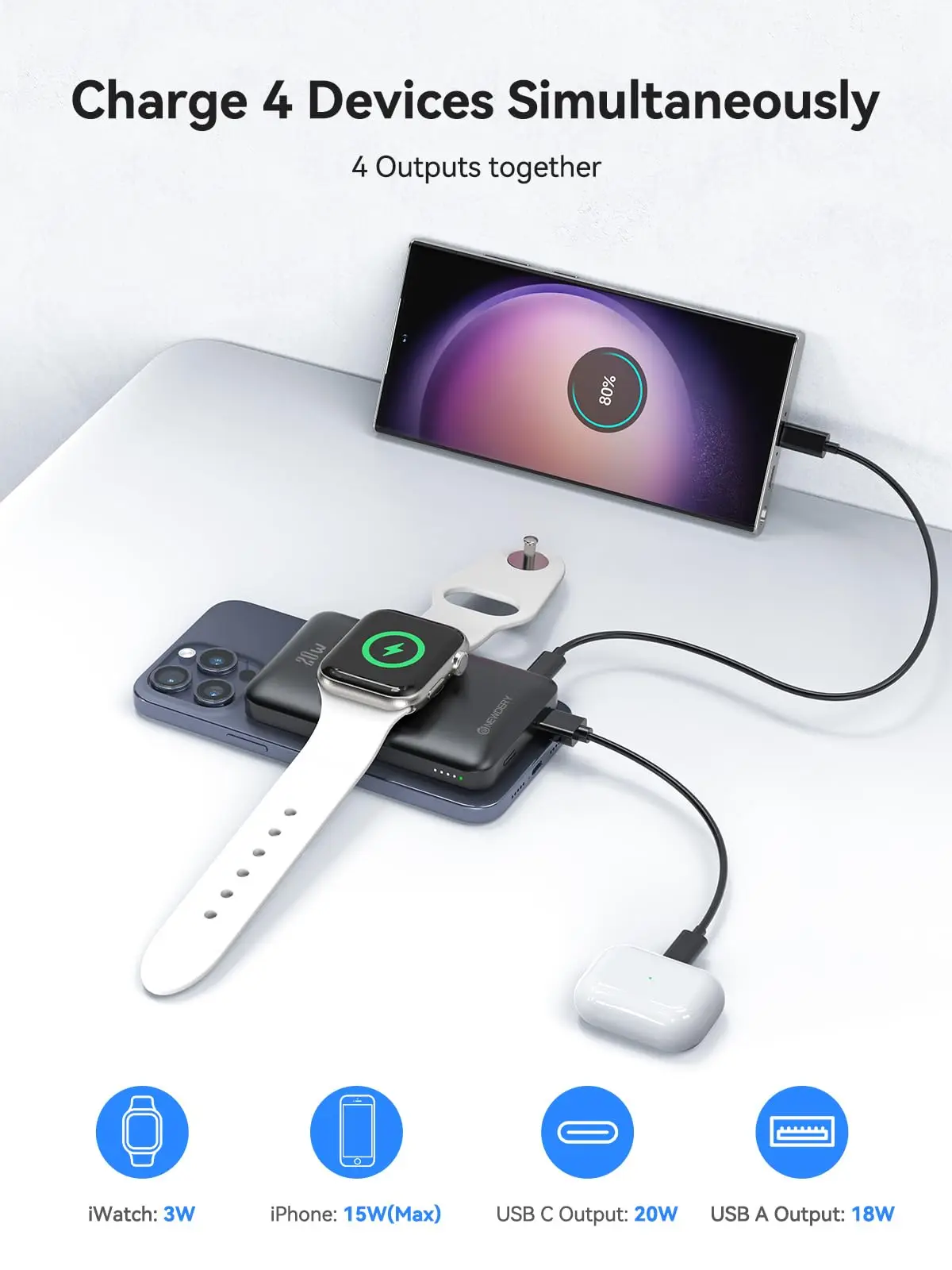 NEWDERY10000mAh Magnetic Wireless Power Bank for Apple Watch /9/8/7/6/5/4/Ultra 2 iWatch Battery Pack For iPhone 16/15,Galaxy 5