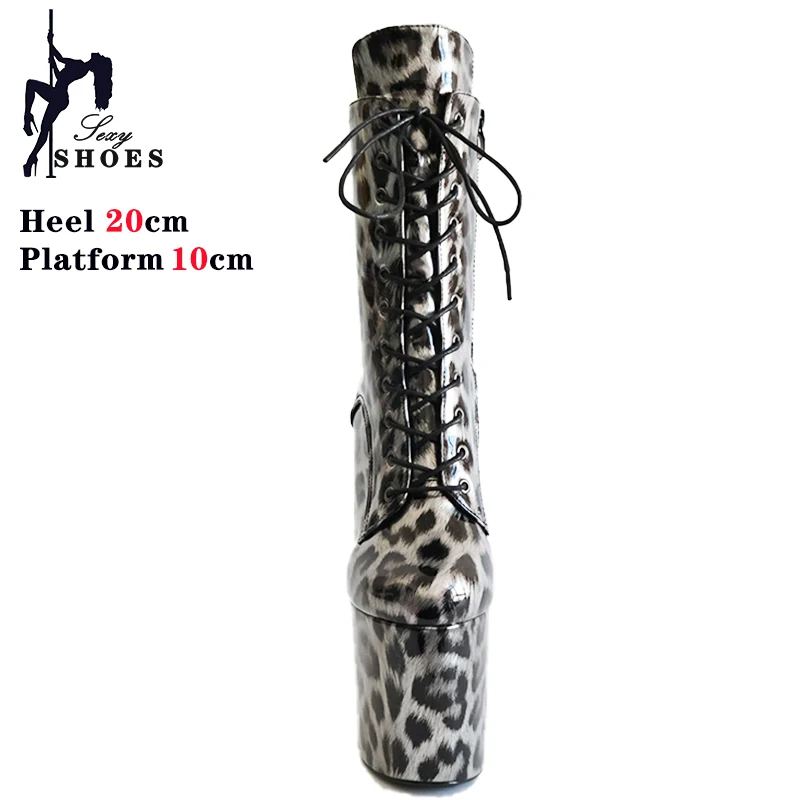 Bright PU Leopard Pole Dance Boots For Lady 20Cm High Fetish Stripper Heels Extreme High Heeled Booties Nightclub Ankle Shoes