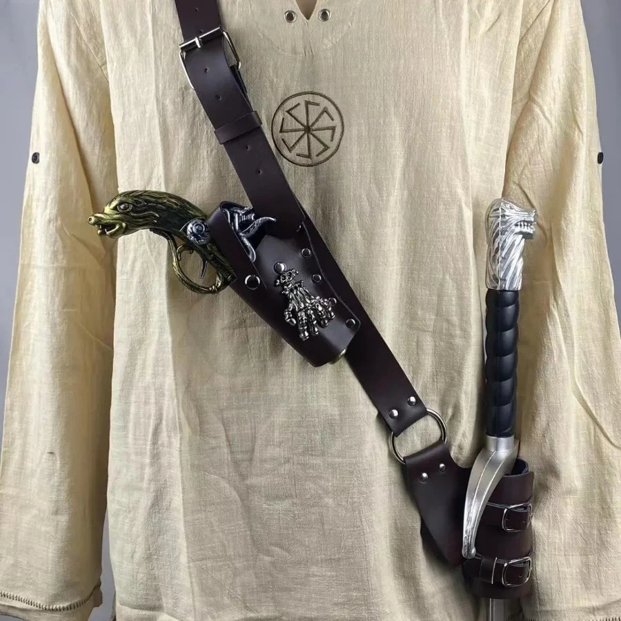 Schultergurt, verstellbar, Schwert, Pistolenhalter, Scheide, Scheide, Frosch, Lederrüstung, Pirat, Halloween, Kostüm, Rapier, mittelalterliches Holster
