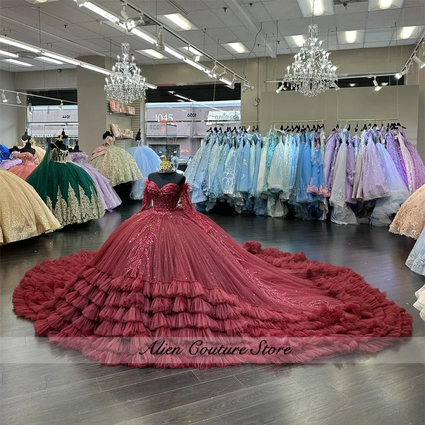 Sparkly Wine Red Princess Quinceanera Dress Long Sleeves Appliques Beads Ruffle Sweet 16 Dress Ball Gown Court Train Customized