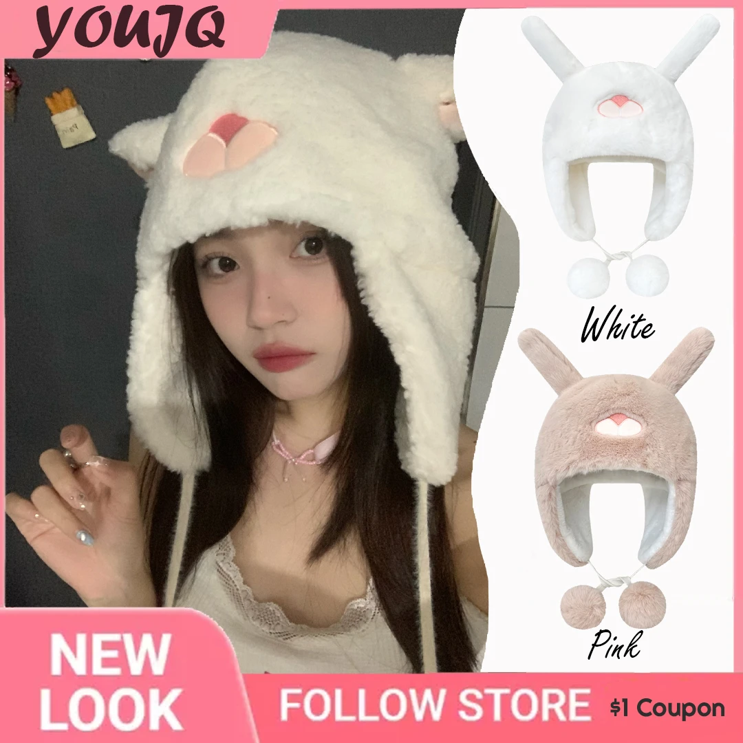 Y2K Rabbit Ear Hats for Women Korean Winter Cold Proof Warm Fleece Ear ...