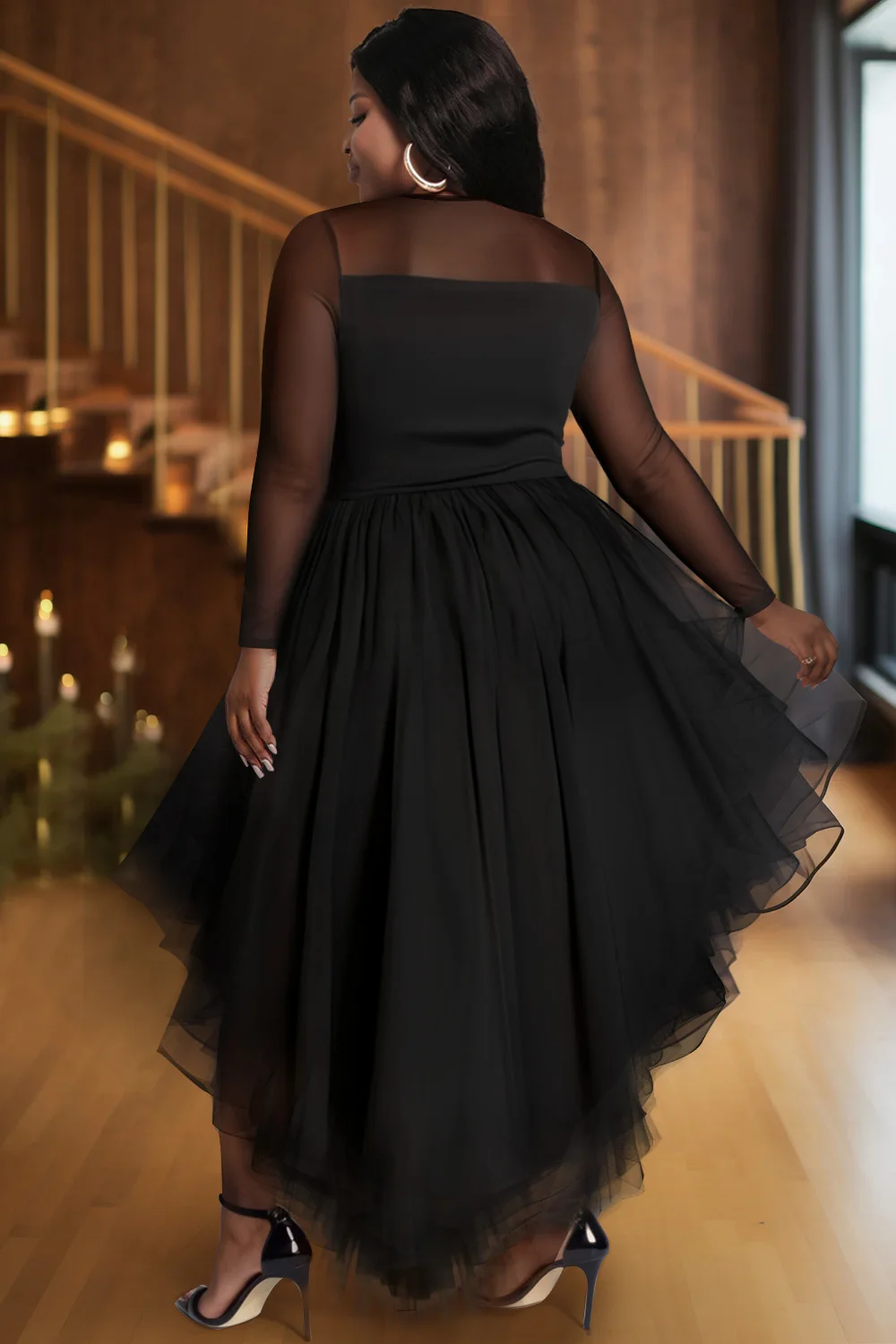 Plus Size Tulle Ruffle Dress Plus Size Tulle Ruffle Dress V-Neck Long Sleeve - Image 3