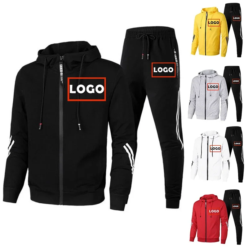 Custom Logo Men's Tracksuit Brand Zipper Hooded Jacket and Sweatpants 2 Pieces Set Fashion High Quality Streetwear Male Outfits