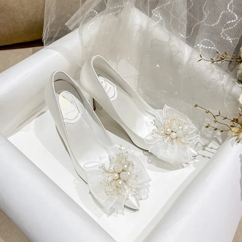 

New Sweet Bow Bridal Shoes White Wedding Dress Shoes Champagne Bridesmaid High Heels Women's Singles Shoes