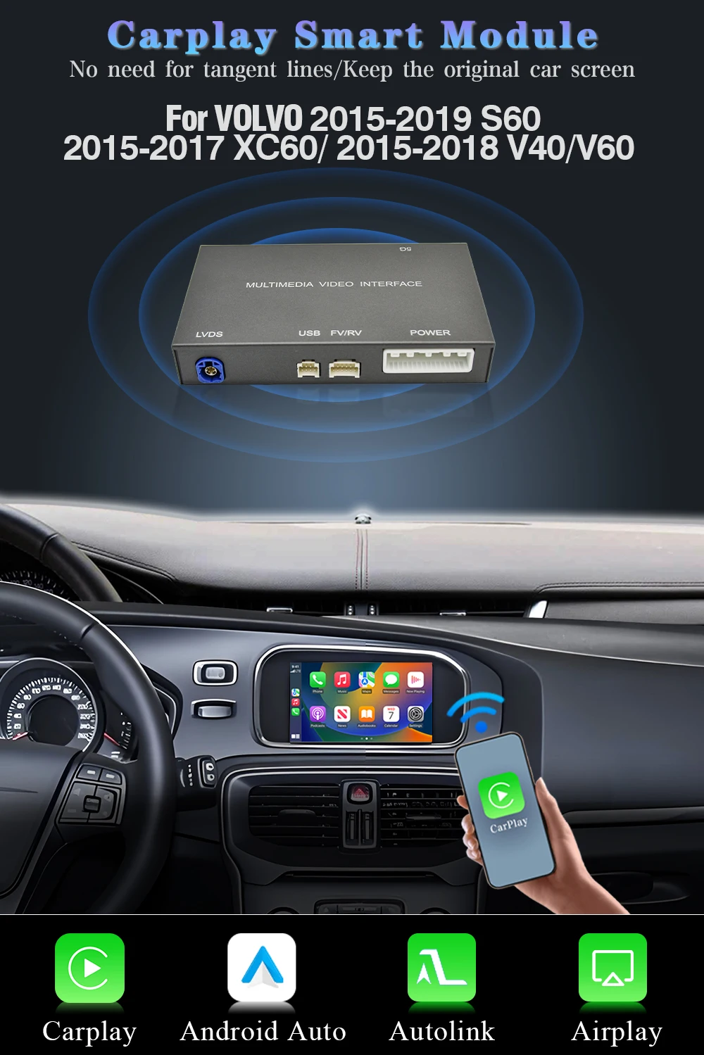 AUTOTOP Drahtlose CarPlay & Android Auto Multimedia Für Volvo S60 XC60 V40 V60 Kamera BT WIFI Audio Micphone GPS Navi Spiegel Link – Detail 1