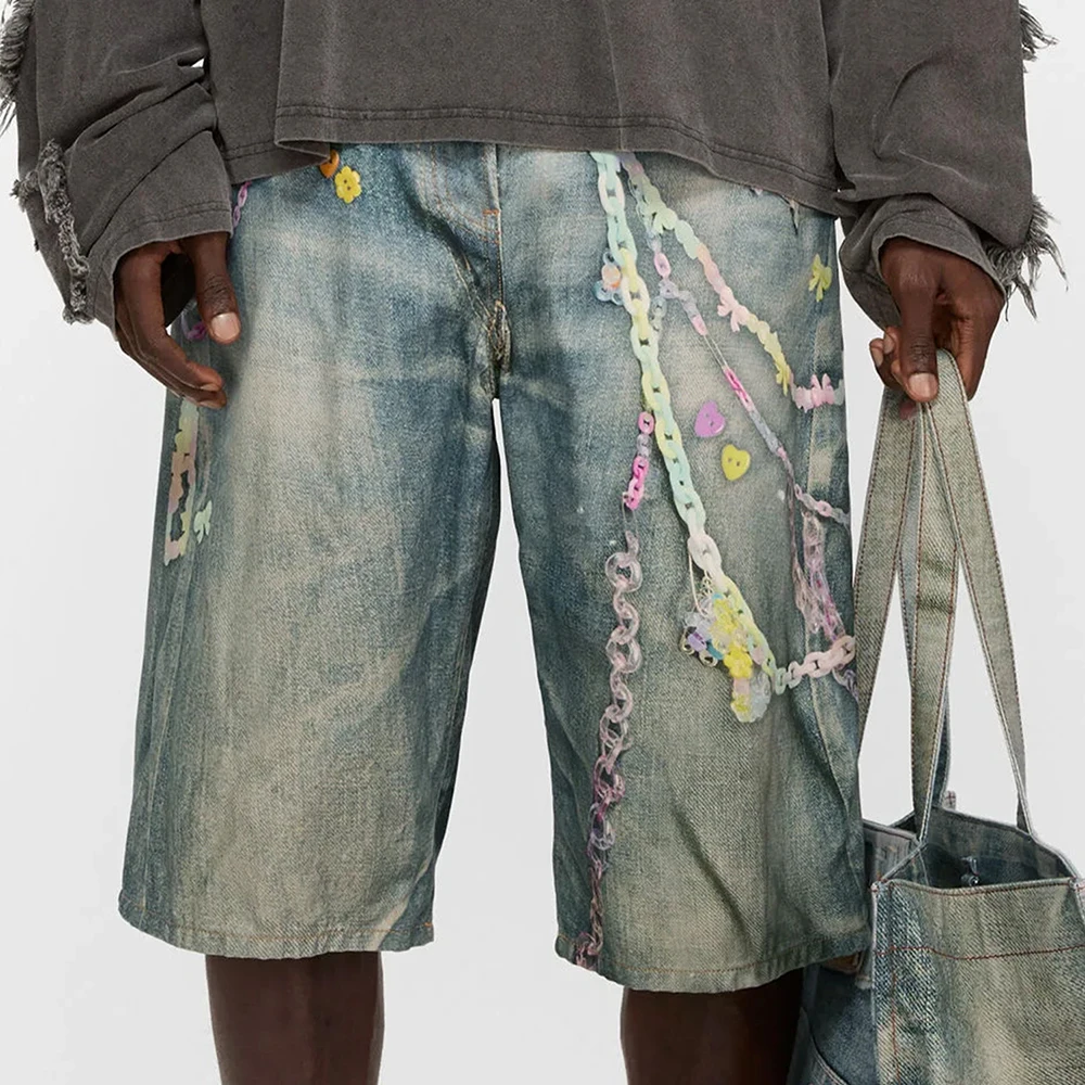 SS25 Candy Chain 3d Printed Vintage Aged Wide Leg Loose Fit Denim Shorts