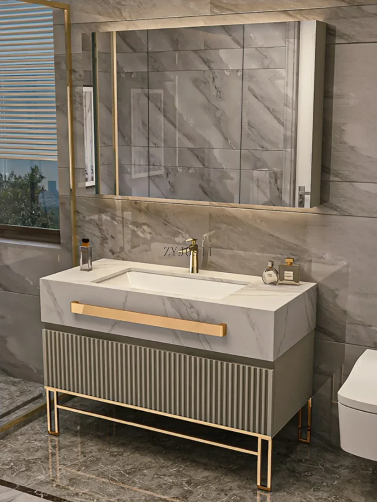 *Rock Plate Bathroom Cabinet Seamless Ceramic Basin Combination Hotel Style Modern Simple Solid Wood Floor Bathroom