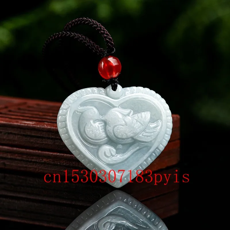 

Natural Burmese Emerald Mandarin Duck Pendant Jewelry Jade Necklace Carved Heart Fashion Charm Amulet Gifts for Women Men Lovers
