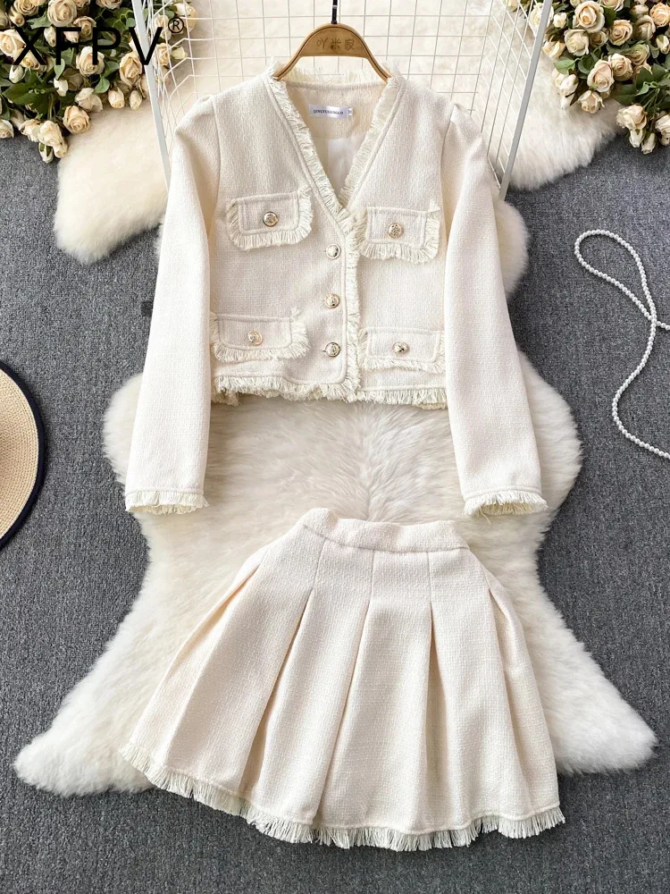 

BabYoung Women's Long Sleeve V-Neck Tassel Tweed Coat Two Piece Set High Waist A-Line Pleated Half Skirt Korean Autumn Winte