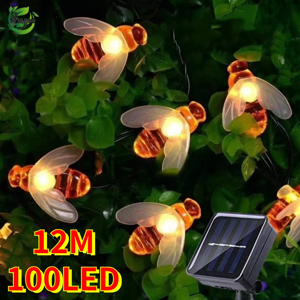 Solar String Light 100 LED Cute Bee Outdoor Light Wedding Home Garden Patio Party Christmas Tree Honeybee  Fairy Decor Lamp