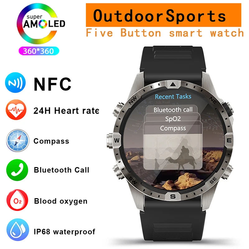 

340mAh AMOLED Sports Smart Watch Compass Bluetooth Call NFC Smartwatch 1.60inch Blood oxygen measurement IP68 Waterproof Watches