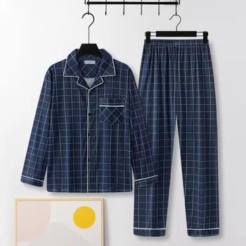 Casual Pure Cotton Men's Sleepwear Long Sleeve Long Pants Two-Piece Set Plaid Striped Simple Wearable Home Clothes 1