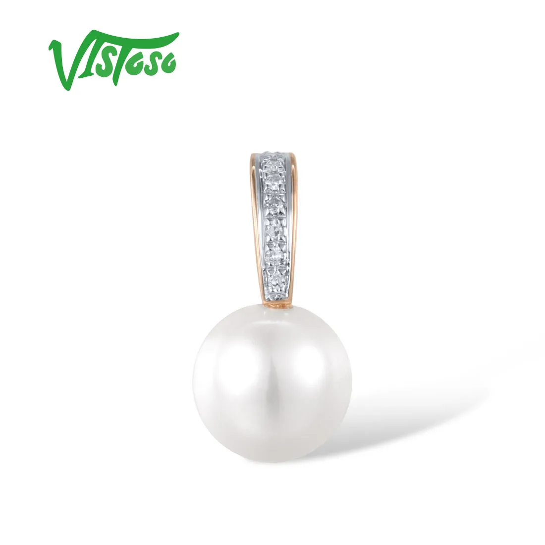 VISTOSO Authentic 14K 585 Rose Gold Pendant For Women Sparkling Diamond Fresh Water White Pearl Daily Wear Fine Elegant Jewelry