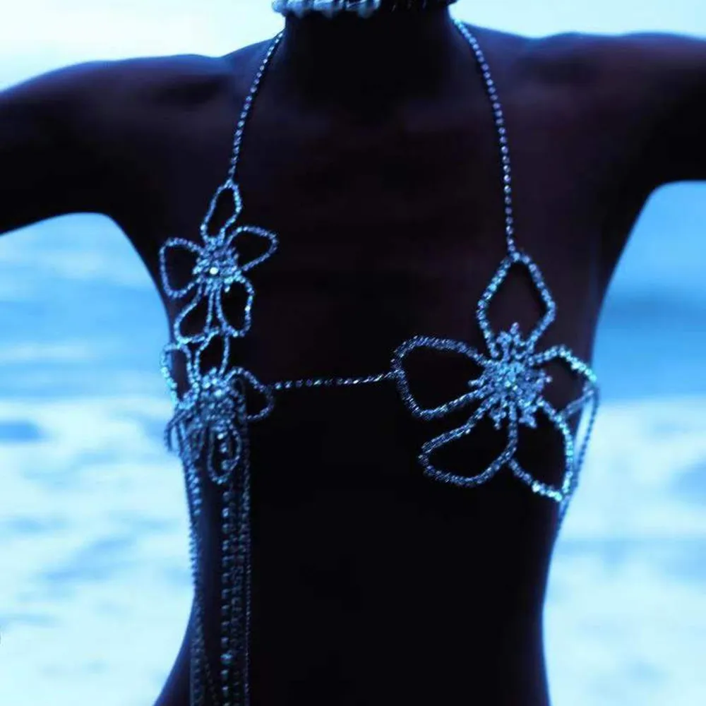LuxuryRhinestoneLongTasselBigFlowersBodyChainBraNecklaceBody