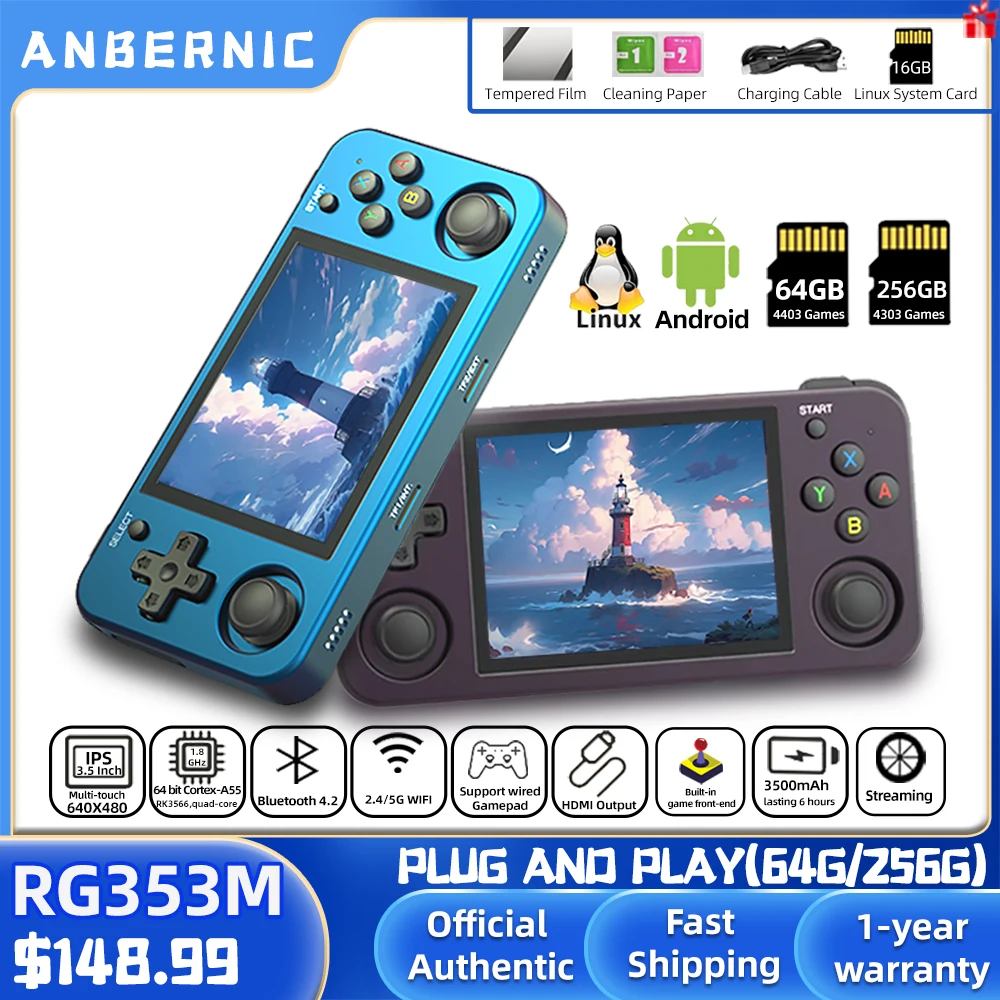 Anbernic Rg353M Metal 3.5 Pollici Ips Touch Screen Game Player 640*480 Joystick Hall Integrato Android 11 64 Bit Linux System Gifts