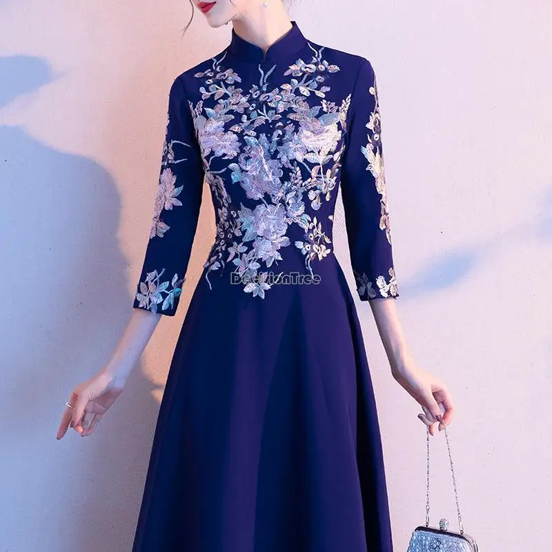 2023 cheongsam party dress female new improved chinese style long sleeve stand collar elegant long chinese style qipao dress s24