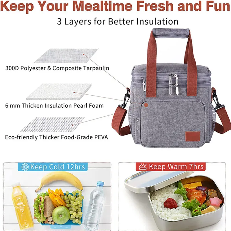 Double Deck Lunch Bag Insulated Bento Lunch Bags Women Men Portable Tote Leakproof Soft Food Cooler Bags for Work Travel Picnic
