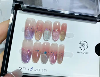 10PCS Glitter French Handmade Press on Nail Rainbow Colorful Cat Eye Medium Oval False Nail Simple Acrylic Wearable Manicure Art