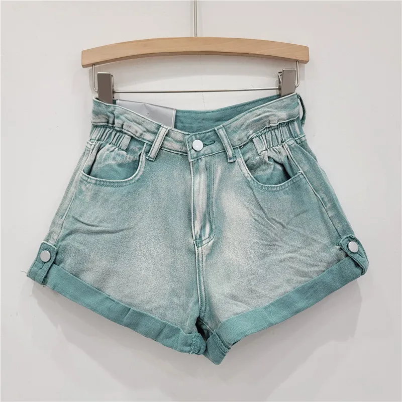 European Goods Curling Denim Shorts Women 2024 Summer Elastic High Waist A- Line Wide Leg Short Pants Fashion Casual Hot Pants