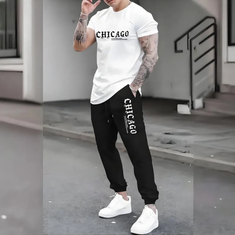 CHICAGO Print Men Tracksuit Set Jogger Clothing For Man Casual Suit Short Sleeve Tshirts+Trousers 2 Piece Outfits Streetwear 2