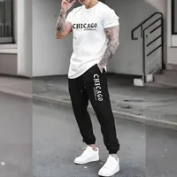 CHICAGO Print Men Tracksuit Set Jogger Clothing For Man Casual Suit Short Sleeve Tshirts+Trousers 2 Piece Outfits Streetwear 2