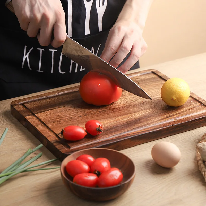 Grande planche à découper en bois d'acacia avec rangement, pince de cuisine,  bois massif, assiette à découper fendue - AliExpress