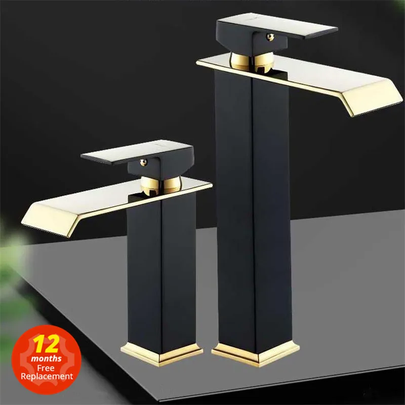 Basin Faucet Gold and Black Waterfall Faucet Brass Bathroom Bathroom Basin Mixer Tap Hot and Cold Sink faucet basin faucet bathroom faucet