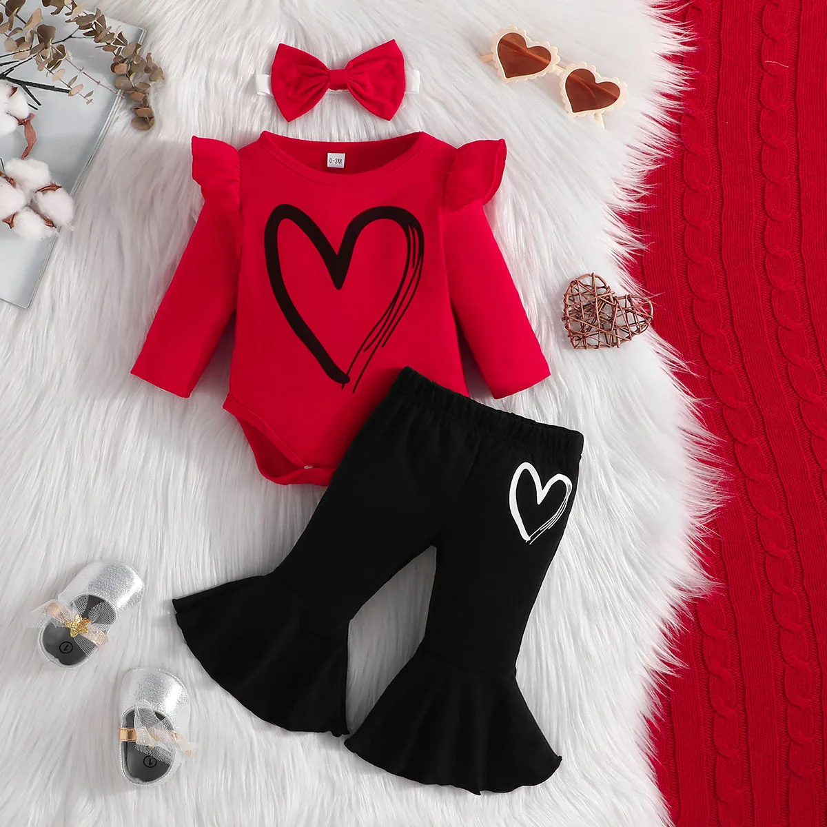 

New Winter Children Sets Cute Long Sleeve O Neck Ruffles Print Heart Red 2 Pcs Roupa Infantil Menina Clothes Sets 0-2T