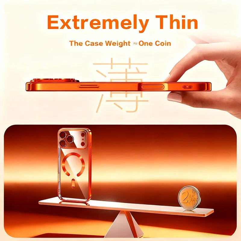 Fashion Orange Magnetic Clear Case For iPhone Air 17 16 15 14 13 12 11 Pro Max Plus Wireless Charge Plating Soft Business Cover 6