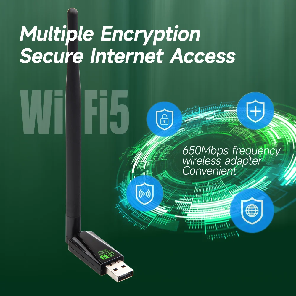 650Mbps 듀얼 밴드 2.4G+5G WiFi 어댑터 드라이버 무료 USB 2.0 WiFi5 무선 네트워크 카드 데스크탑 노트북 PC용 5dBi 안테나