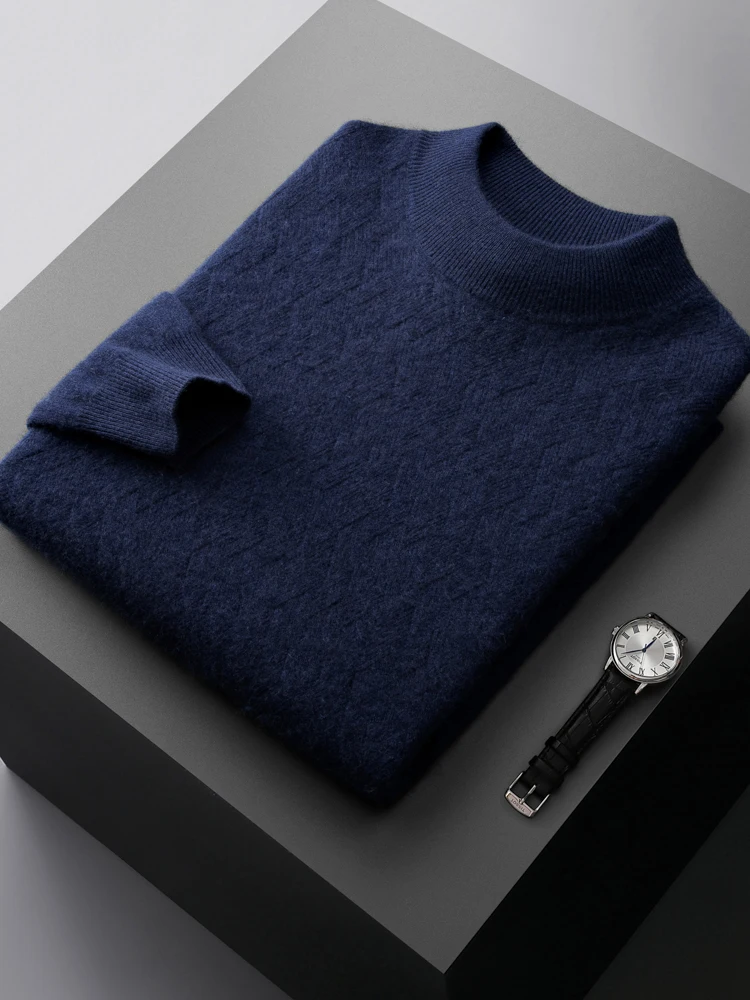 Fashion Men's 100% Pure Cashmere Sweater Semi-High Neck Knitted Pullovers Loose Warm Sweater Youth New Jacket Autumn Winter Tops