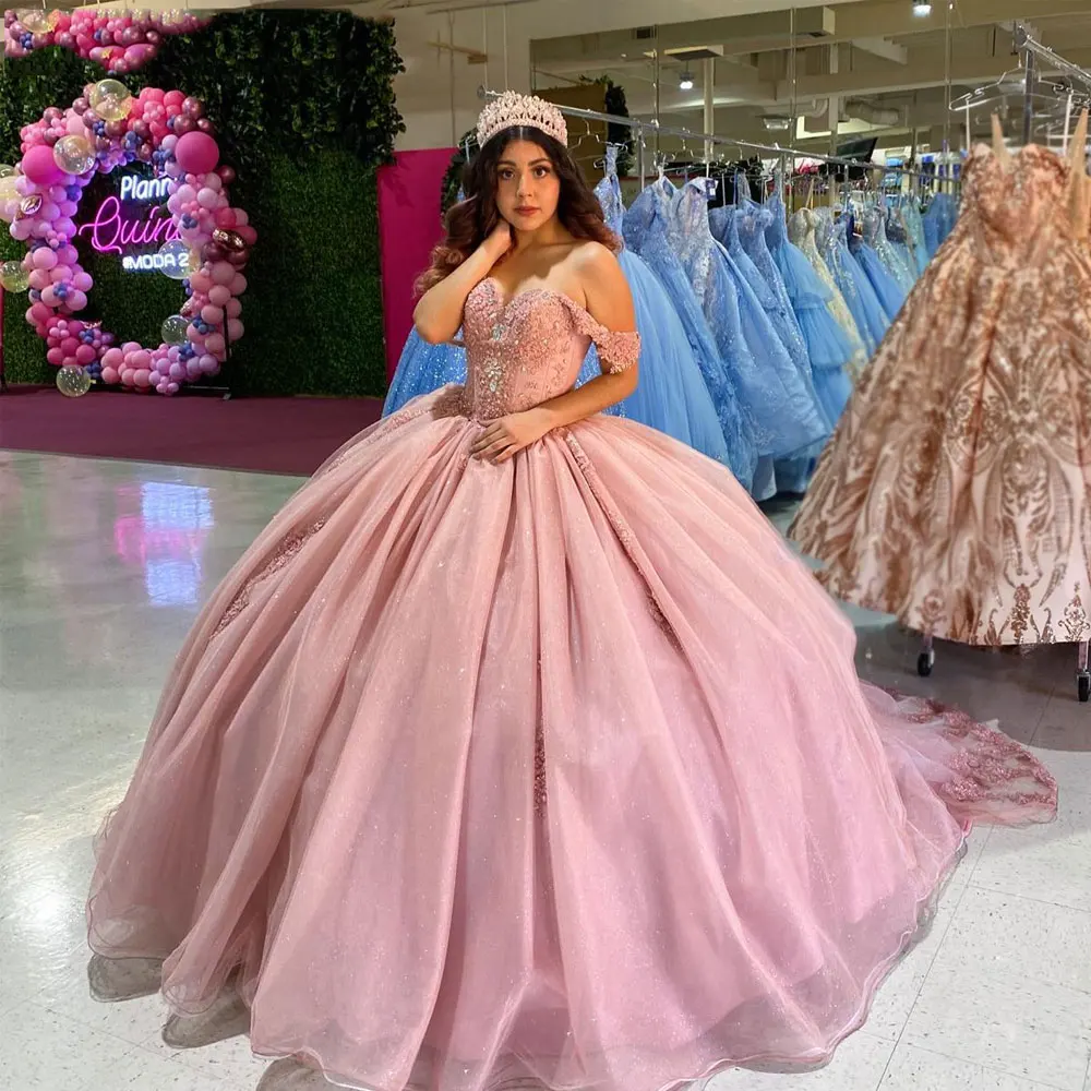 

Pink Princess Ball Gown Quinceanera Dress Beading Sequin Backless Sweet 16 Glitter Birthday Dress Vestido De 15 Anos Pageant