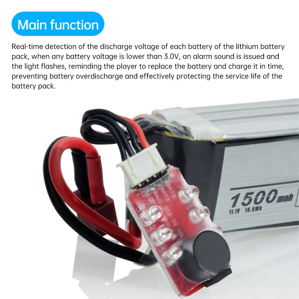 Alarme batterie lithium 2-3S basse tension avec sonnerie BB branchée sur une batterie LiPo, prête à surveiller la décharge.