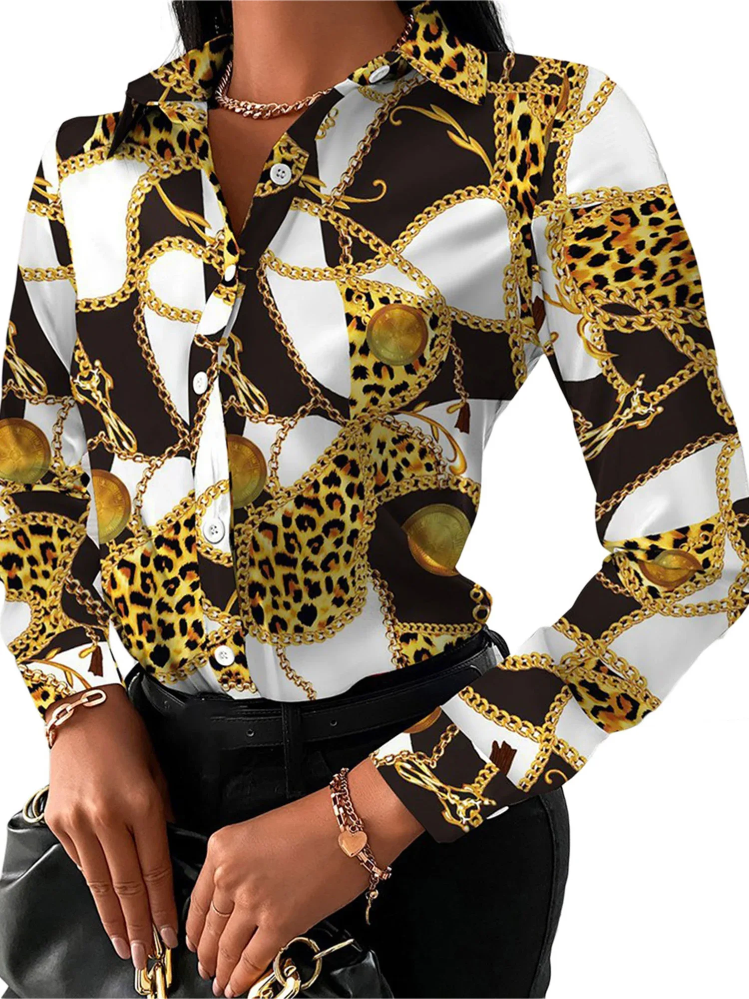 Wild Shirts for Women, Chain, Floral, Letter, Geometric, Square Print, Turn-Down Collar, Long Sleeve Blouses, Streetwear, Fashio