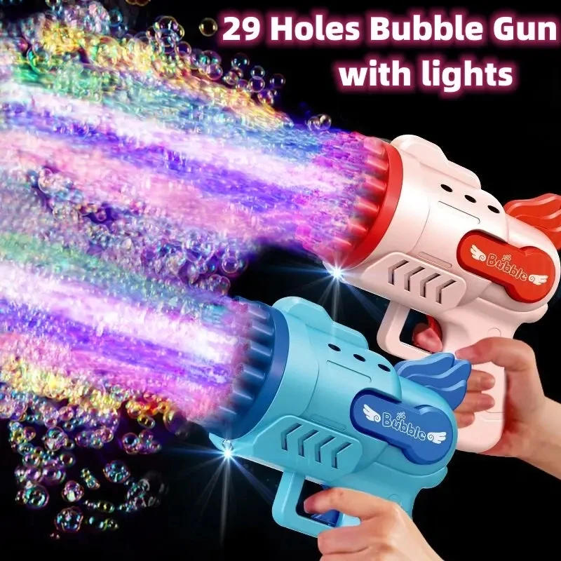 

29 Holes Bubble Gun Toys for Kids Electric Automatic Soap Rocket LED Light Bubbles Machine Children Outdoor Wedding Party Toys