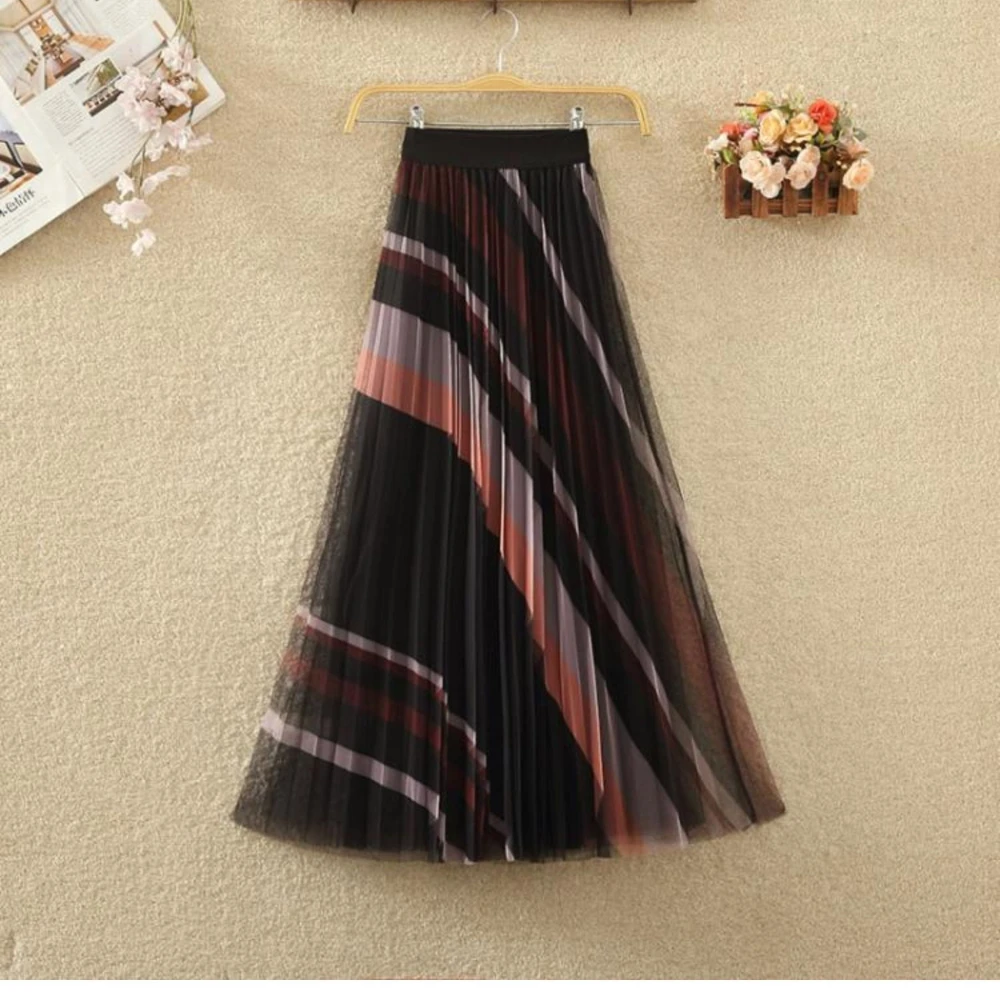 Summer Pleated Mesh Skirt Retro Collision Striped Half-body Skirt High Waist Thin Commuter Big Swing Skirt Female