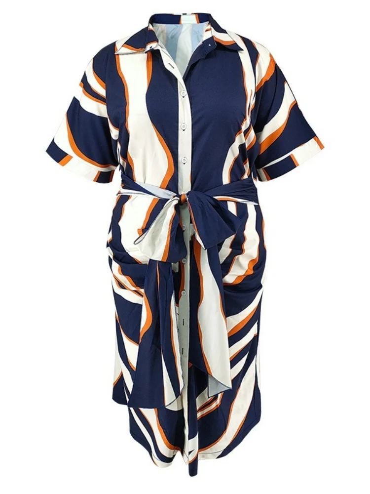 Wmstar Plus Size Women's Dresses 2025 Wholesale Striped Tie Lapel Short Sleeve Button Bandage Elegant Long Dress Drop Shopping