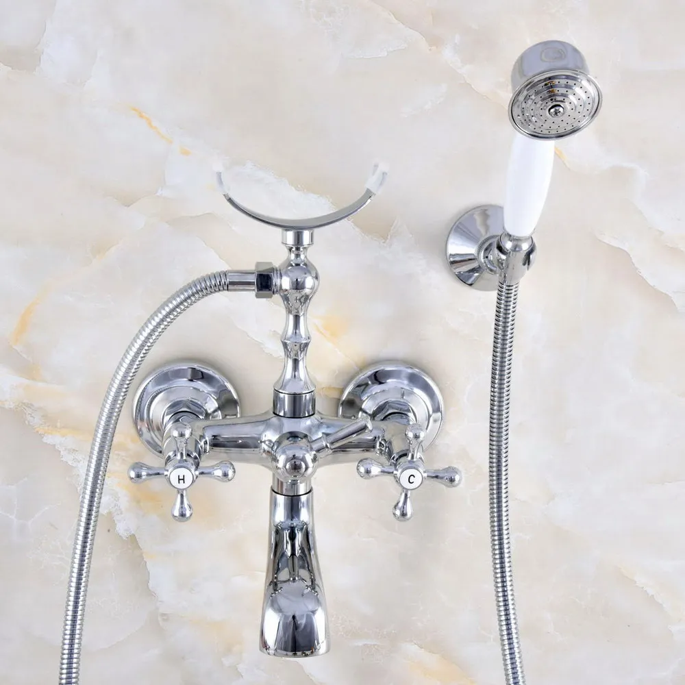 

Silver Chrome Brass Wall Mounted Bathroom Bath Tub Faucet Set WITH/ 150CM Handheld Shower Spray Head Mixer Tap Dna721