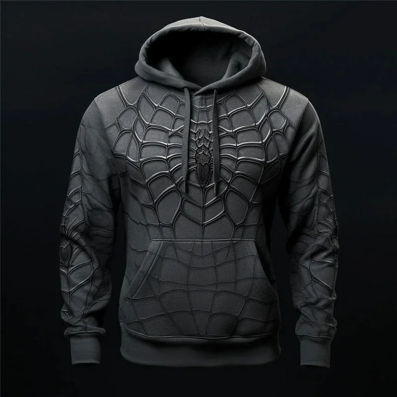 

Men's 3D Spider Web Printed Hooded Sweatshirt, Front Pocket Sports Jacket, Outdoor, Spring and Autumn