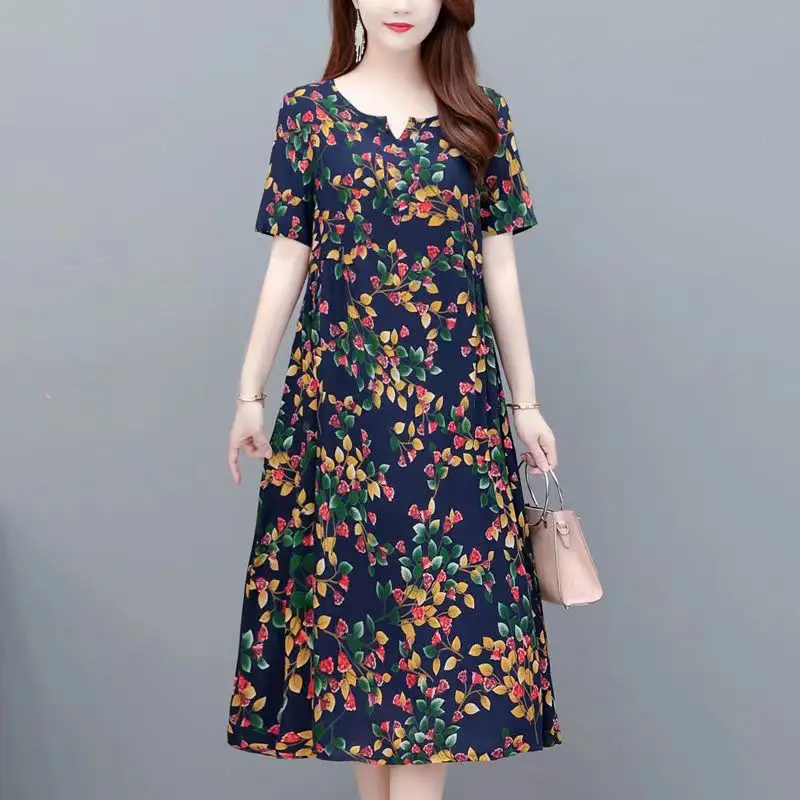 

Fdfklak Large Size Middle-aged Summer Cotton Dress Vestidos De Verano Mujer 2022 Temperament Women Floral Over-the-knee Dress