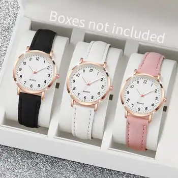 Montre à quartz analogique avec bracelet en cuir pour femme, cadran arabe simple, décontracté, sans boîte, 3 pièces 1