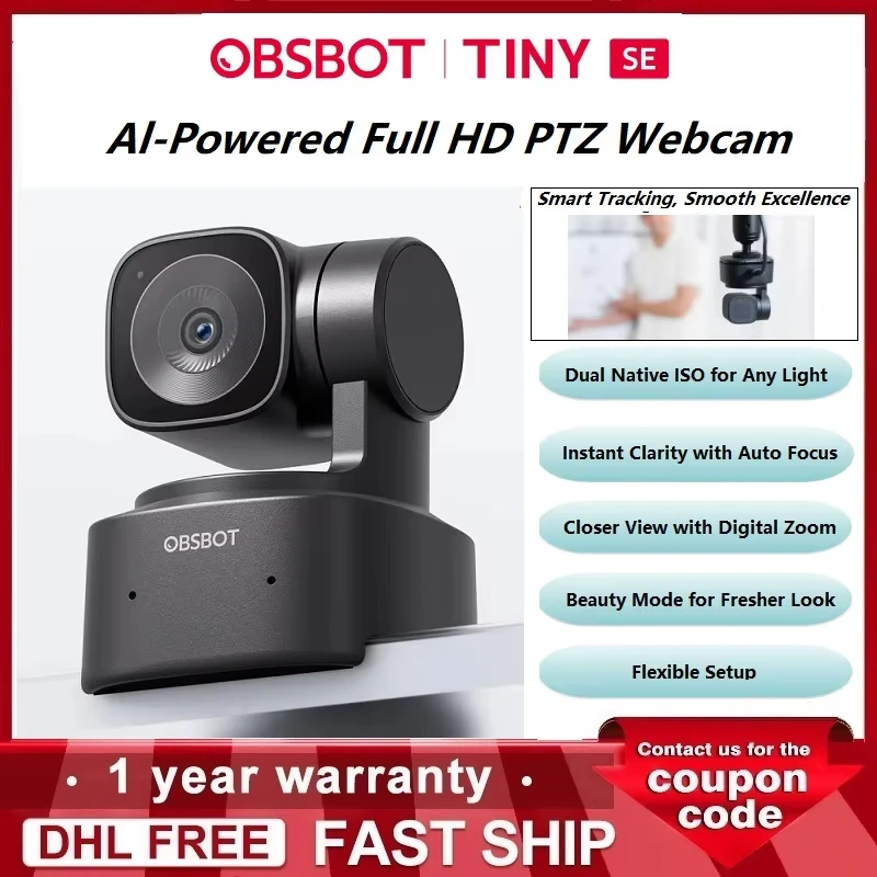 OBSBOT TINY SE 1080P Al-Powered Full HD PTZ Webcam built-in microphone Zone Tracking