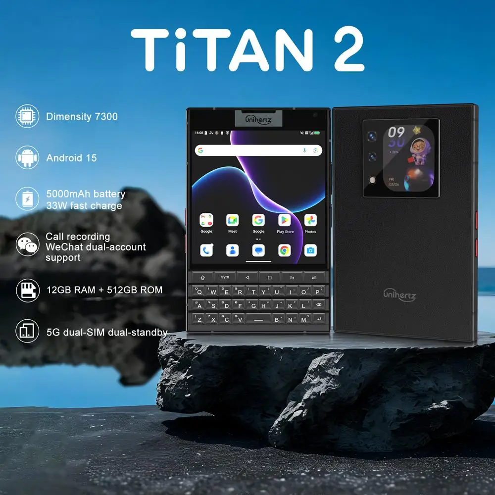 Unihertz Titan 2 QWERTY Physical Keyboard Smart Phone 5G 4.5'' 12GB 512GB 5050mAh 33W 50MP Camera Dimensity 7300 Android 15 NFC