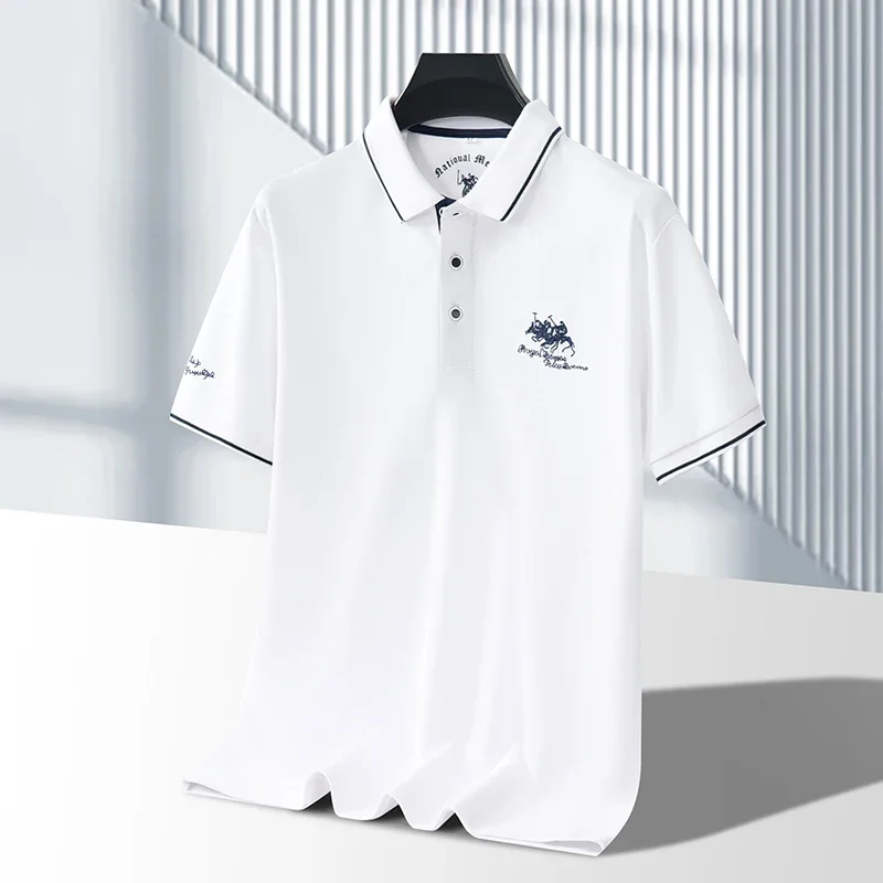 Polo da uomo in tinta unita ricamata a maniche corte casual da lavoro, alla moda, traspirante, confortevole, estiva, versatile - immagine 5
